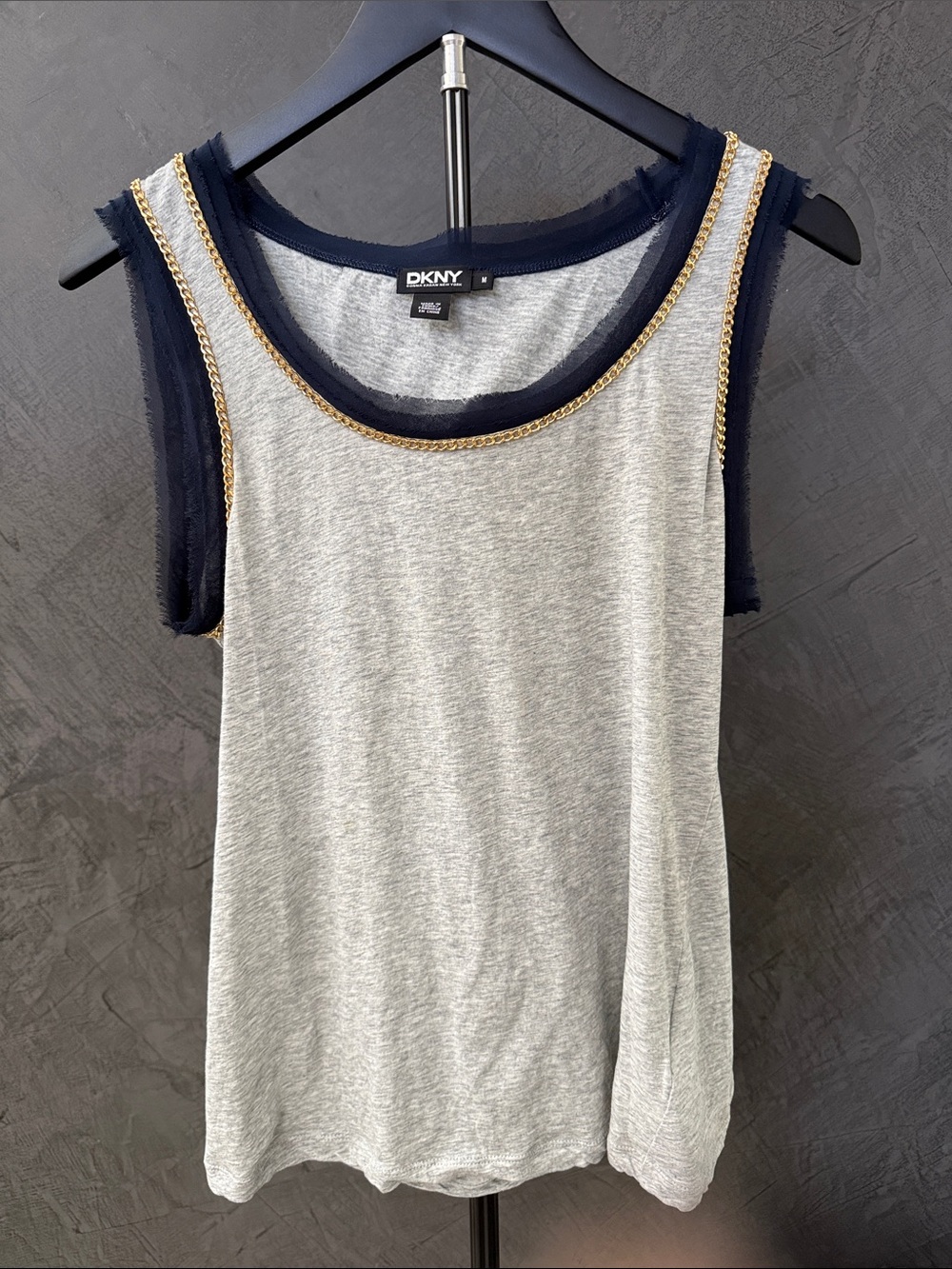 EUC DKNY Gray Tank with Navy Trim and Gold Chain Accent size M